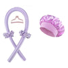 A set of purple satin hair rollers with decorative bows and a pink satin chef's hat.