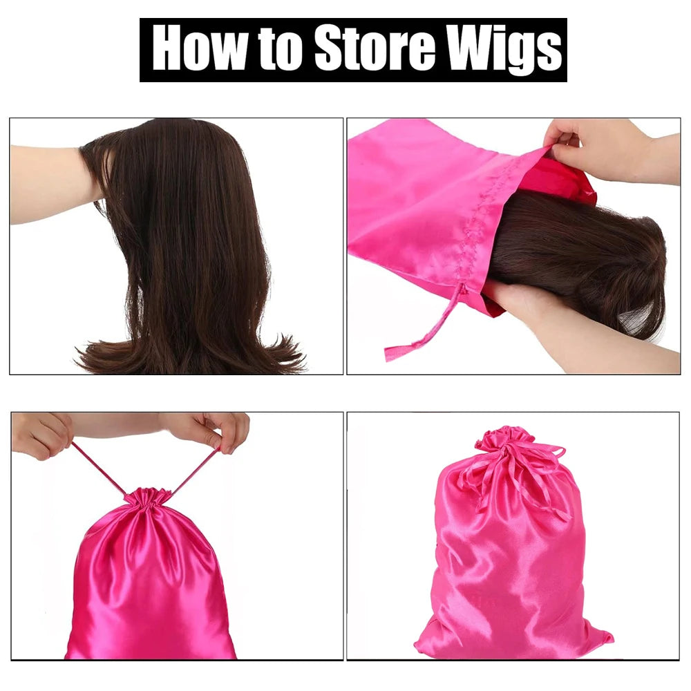 Instructions showing how to store wigs using a satin drawstring storage bag