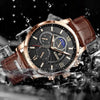 A luxury brown leather men's quartz watch with a chronograph is shown resting on ice.