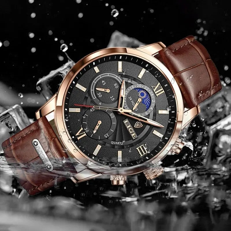 A luxury brown leather men's quartz watch with a chronograph is shown resting on ice.