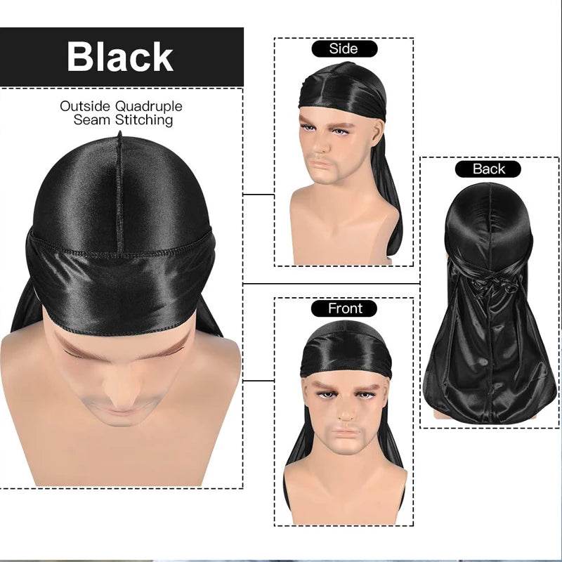 Bandana turbante de seda negra para hombre, mostrado desde los lados, frente y espalda
