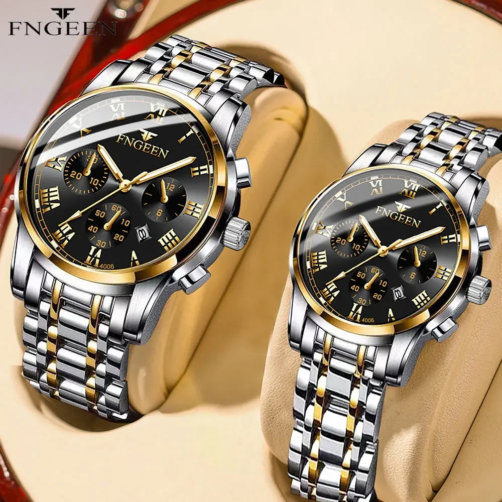 Ein Paar goldfarbener und silberner Edelstahl-Armbanduhren mit schwarzen Zifferblättern und Metallarmbändern.