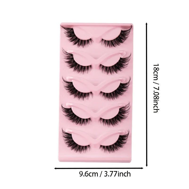 A pink plastic tray holding multiple pairs of premium false cat eye strip eyelashes.