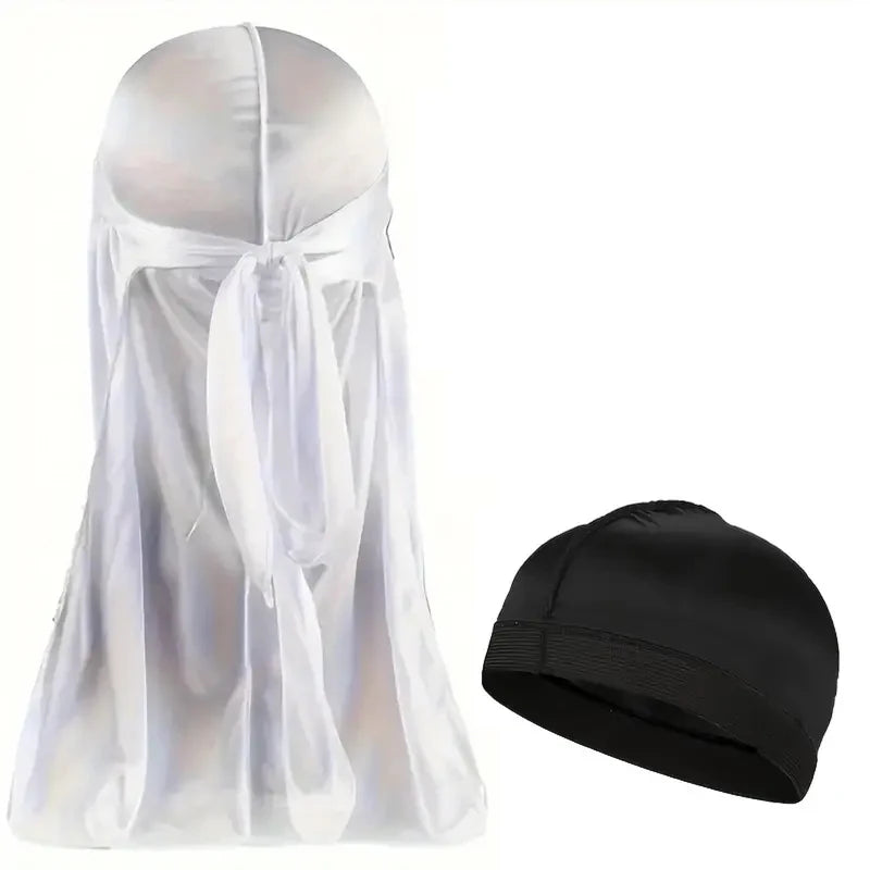 Durag bandana de seda blanca para hombres, turbante, visto desde atrás