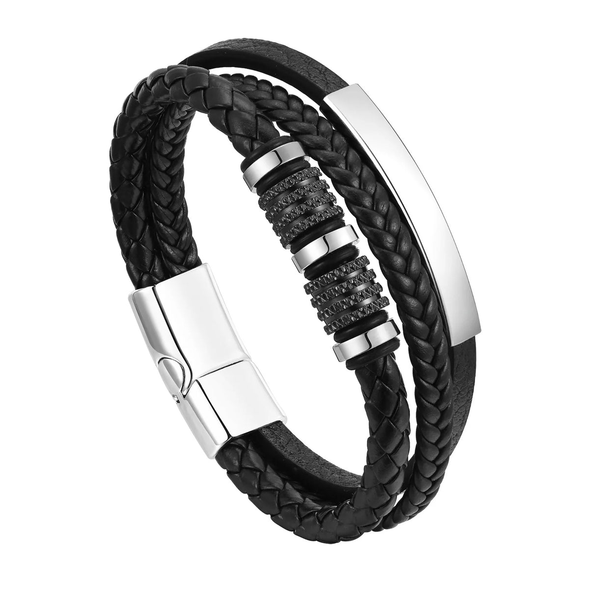 Schwarzes geflochtenes Lederarmband mit silberner Schnalle und Akzentdetails.