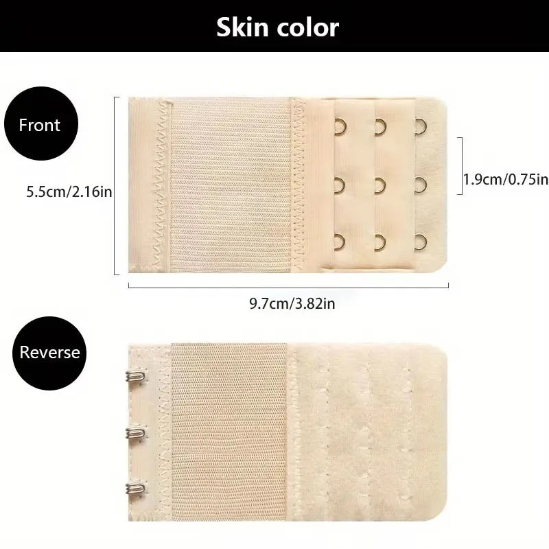Front and reverse views of beige adjustable bra extender straps showing the fabric texture and stitching.