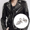 Black leather jacket featuring silver bullet rivets and studs on the collar and sleeves.
