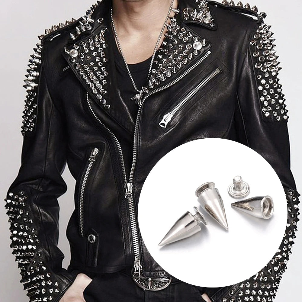 Black leather jacket featuring silver bullet rivets and studs on the collar and sleeves.