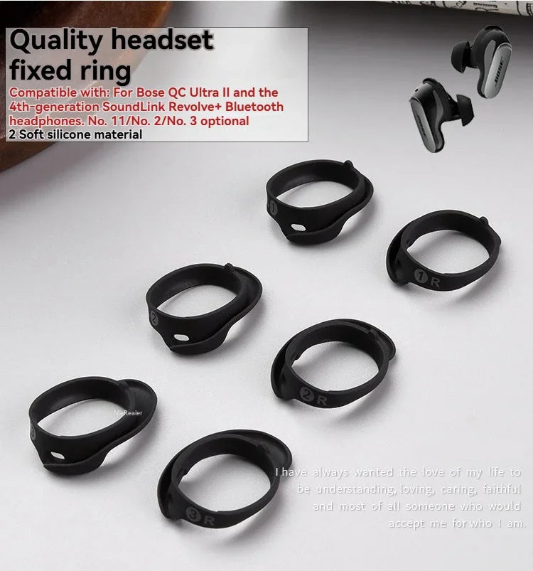 Black silicone fixed ring ear tips for Bose QC Ultra II and SoundLink Revolve+ Bluetooth headphones