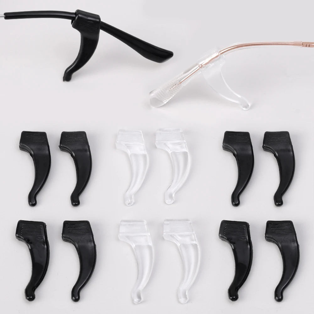 A collection of black and clear silicone anti-slip ear hooks for eyeglasses.