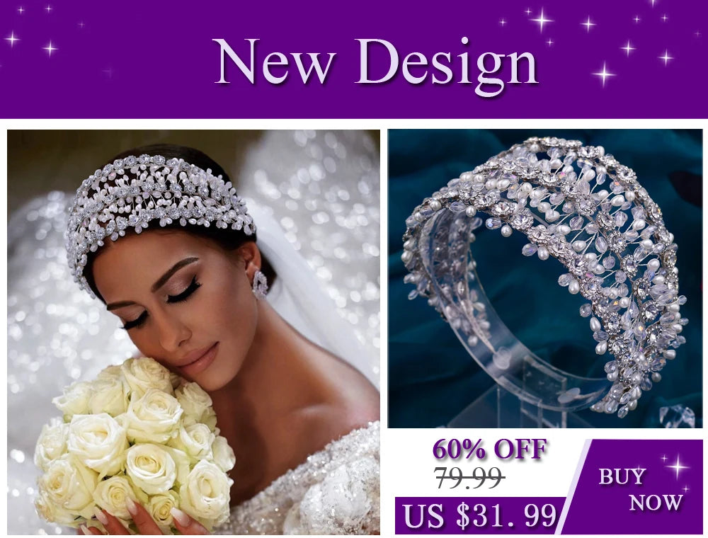 A model wears a crystal bridal headband with white flowers and holds a bouquet of white roses.