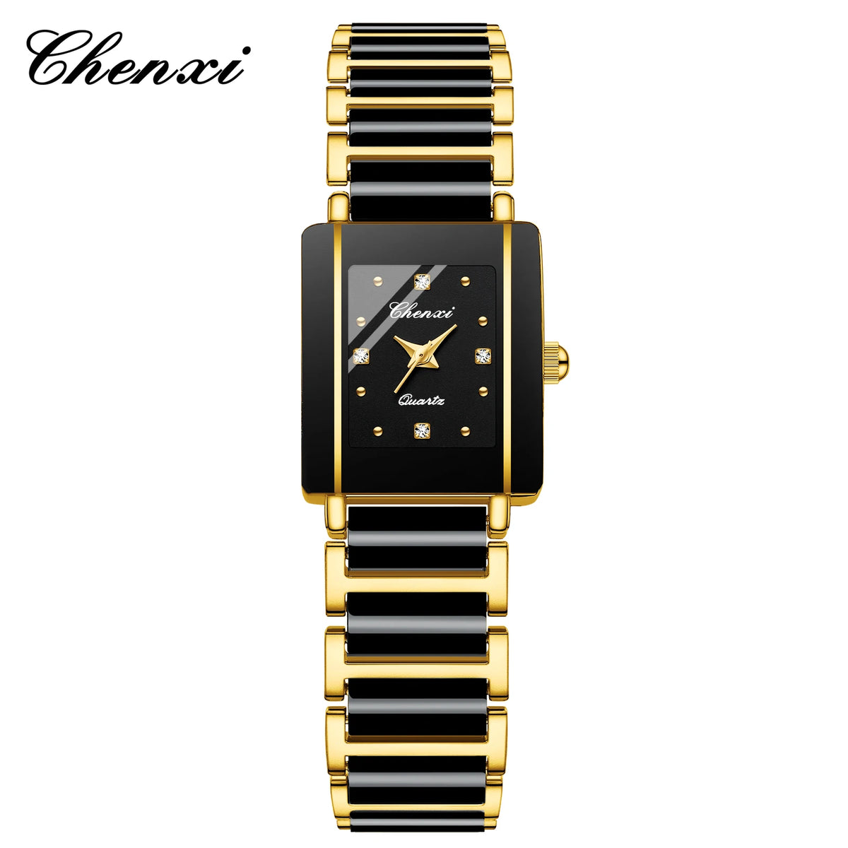 A black and gold luxury quartz couple watch with a metal band and square face.