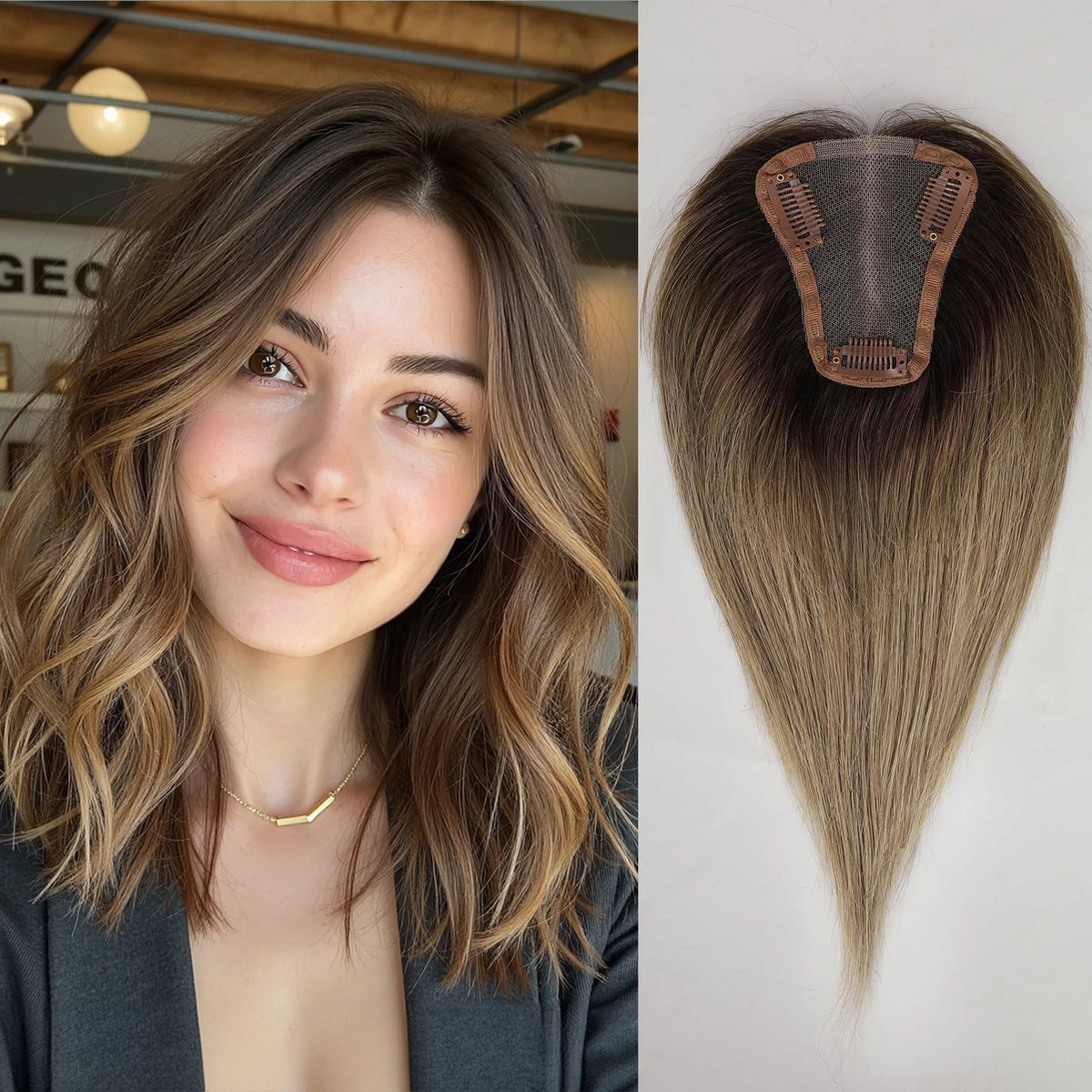 A woman shows off a long, light brown blonde ombre lace base hair topper with a mesh pattern.