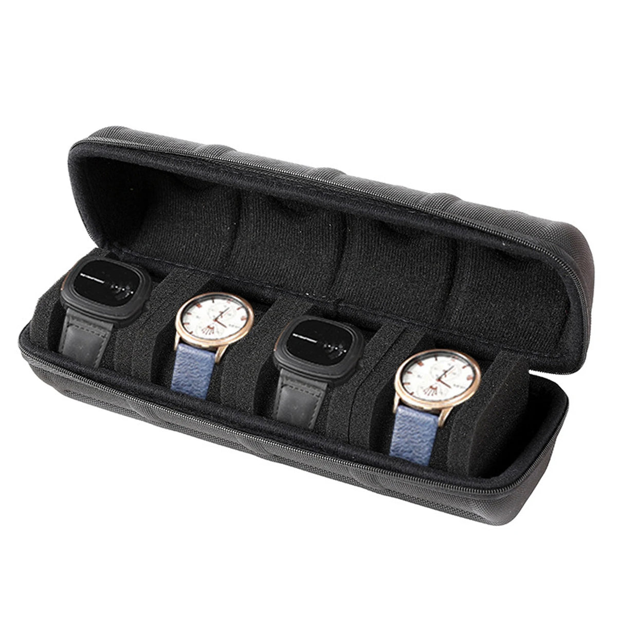 Black leather watch travel case organizer with multiple slots for storing watches and straps