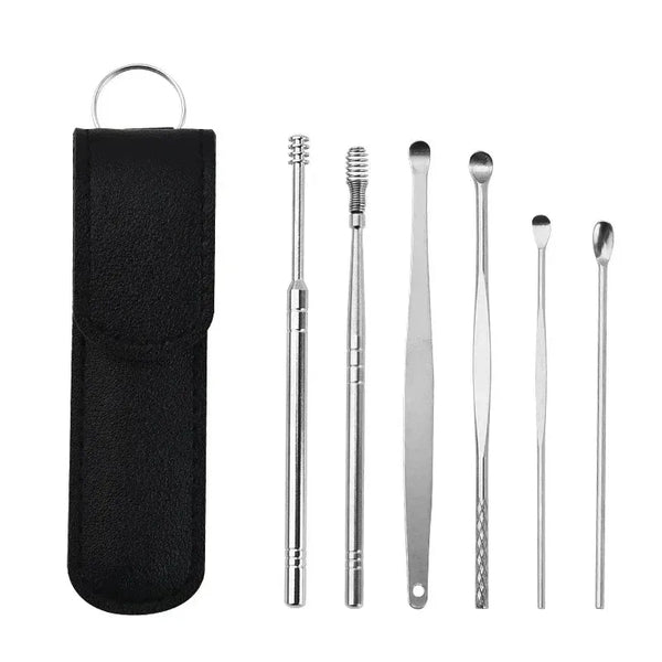 A set of stainless steel ear wax removal tools including a storage case and several individual tools.