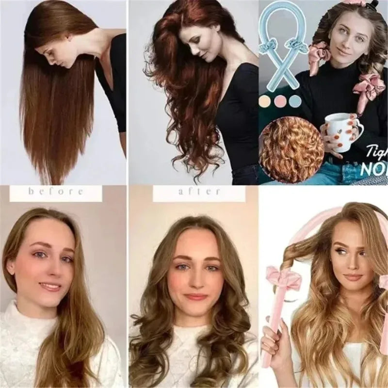 Before and after photos showing hair styling results using no-heat rollers and tools