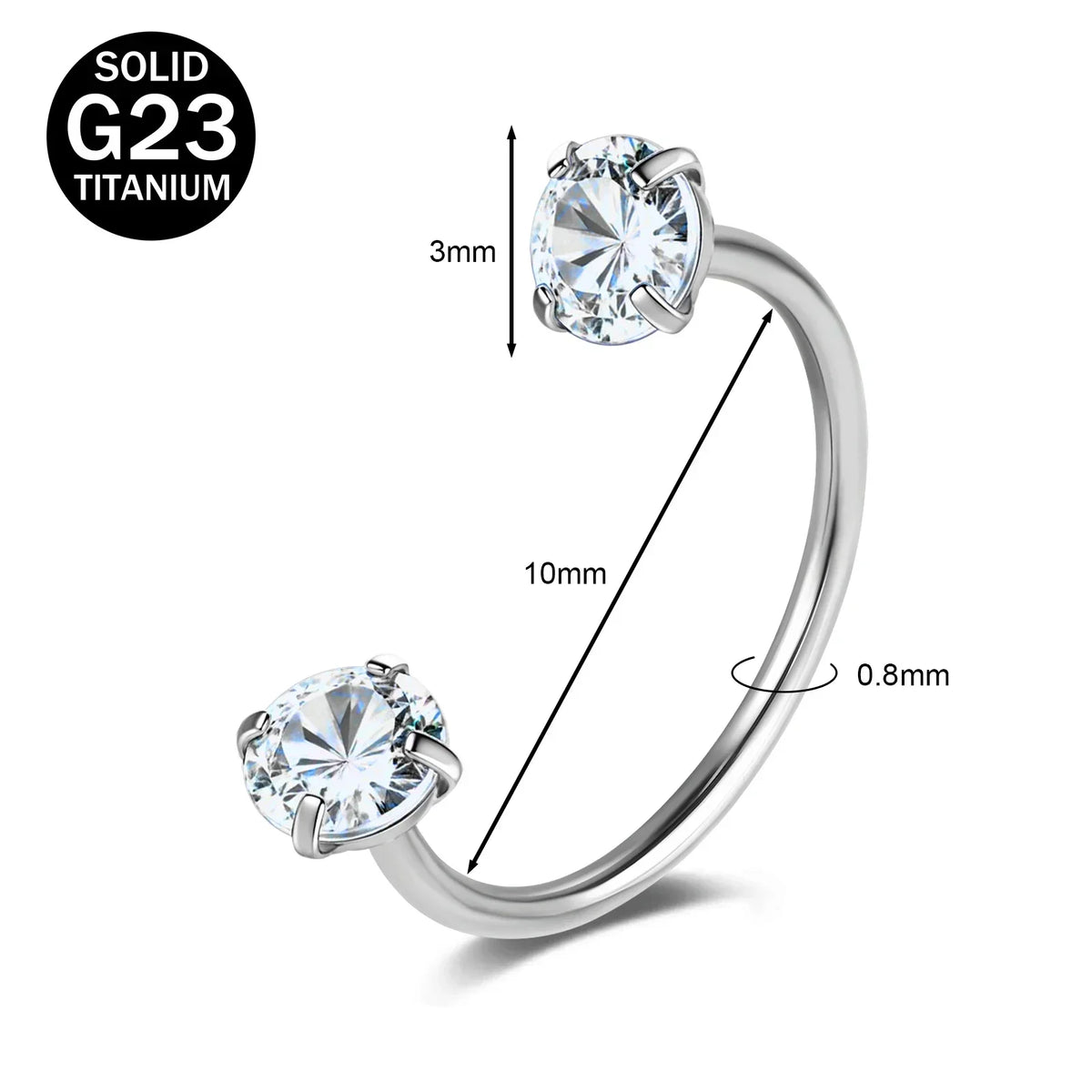 A silver titanium nose ring featuring a round CZ crystal gemstone.