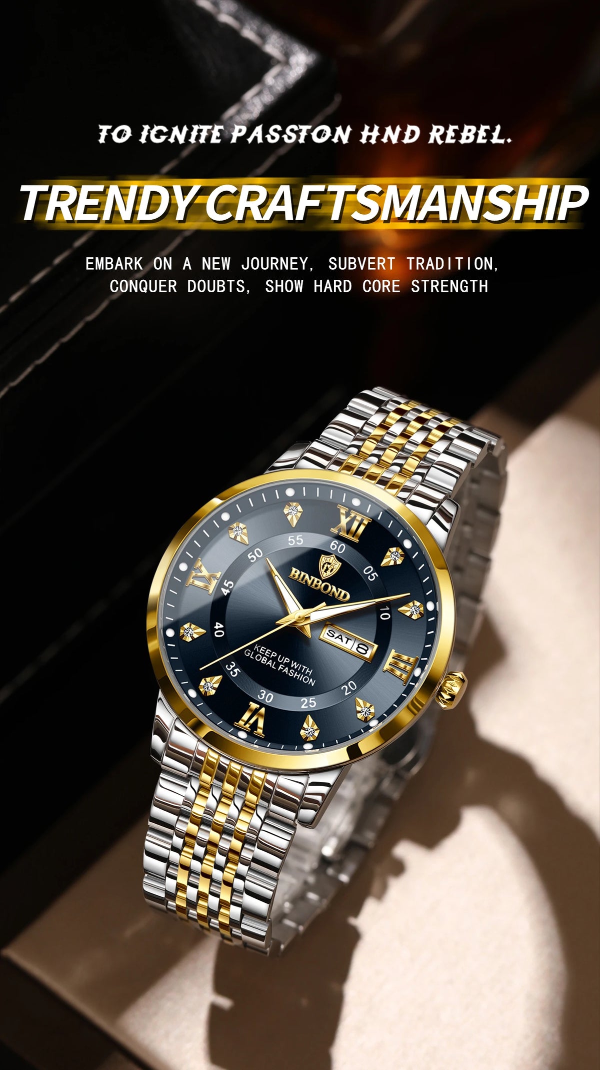 A close-up shot of a gold and silver link wristwatch with a black dial and a leather strap, set against a dark background.