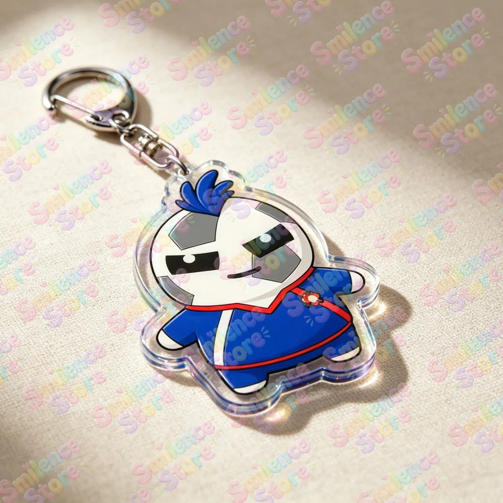 A clear acrylic keychain featuring a stylized blue and white character with blue hair attached to a silver keyring.