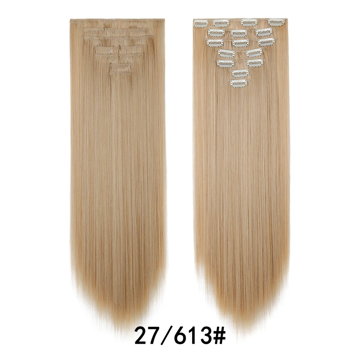 A pair of straight, light blonde hair extensions shown side by side for natural volume.
