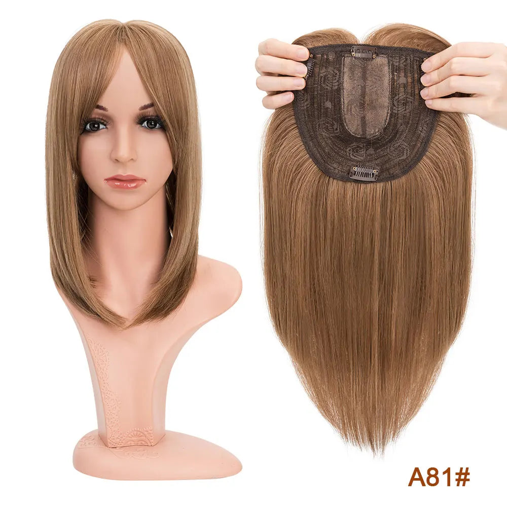 A model displays a straight brown hair topper with bangs, shown next to the full hair piece.