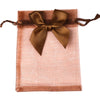 A square, sheer peach organza gift bag tied with a satin brown ribbon bow.