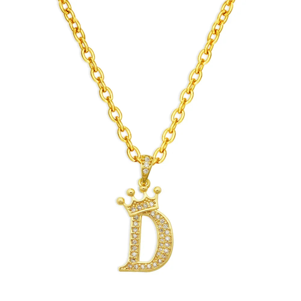 Gold chain necklace with a diamond-encrusted letter D pendant shaped like a crown