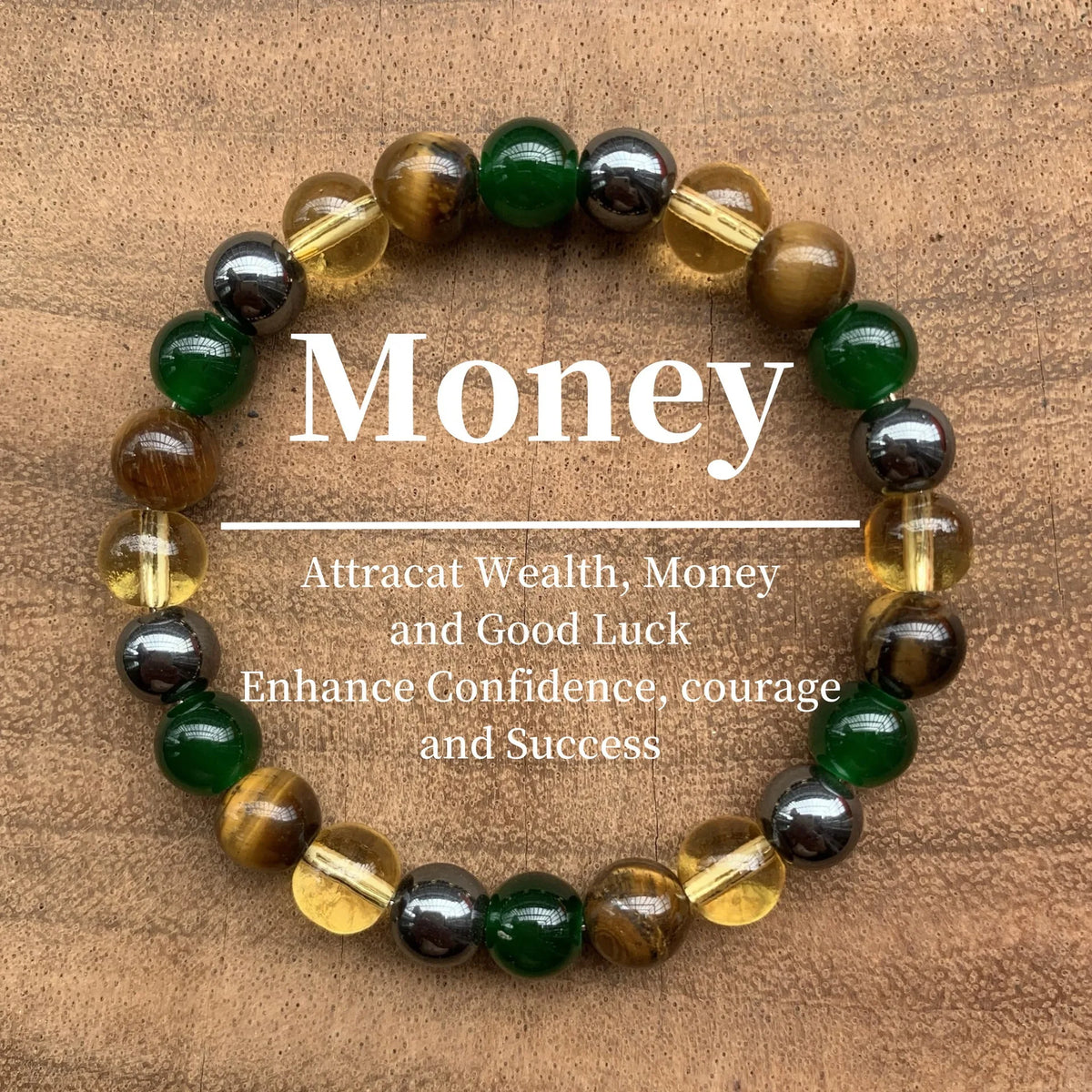 Bracelet fait de pierres vertes et brun-doré, destiné à attirer la richesse, la chance, la confiance et le courage.