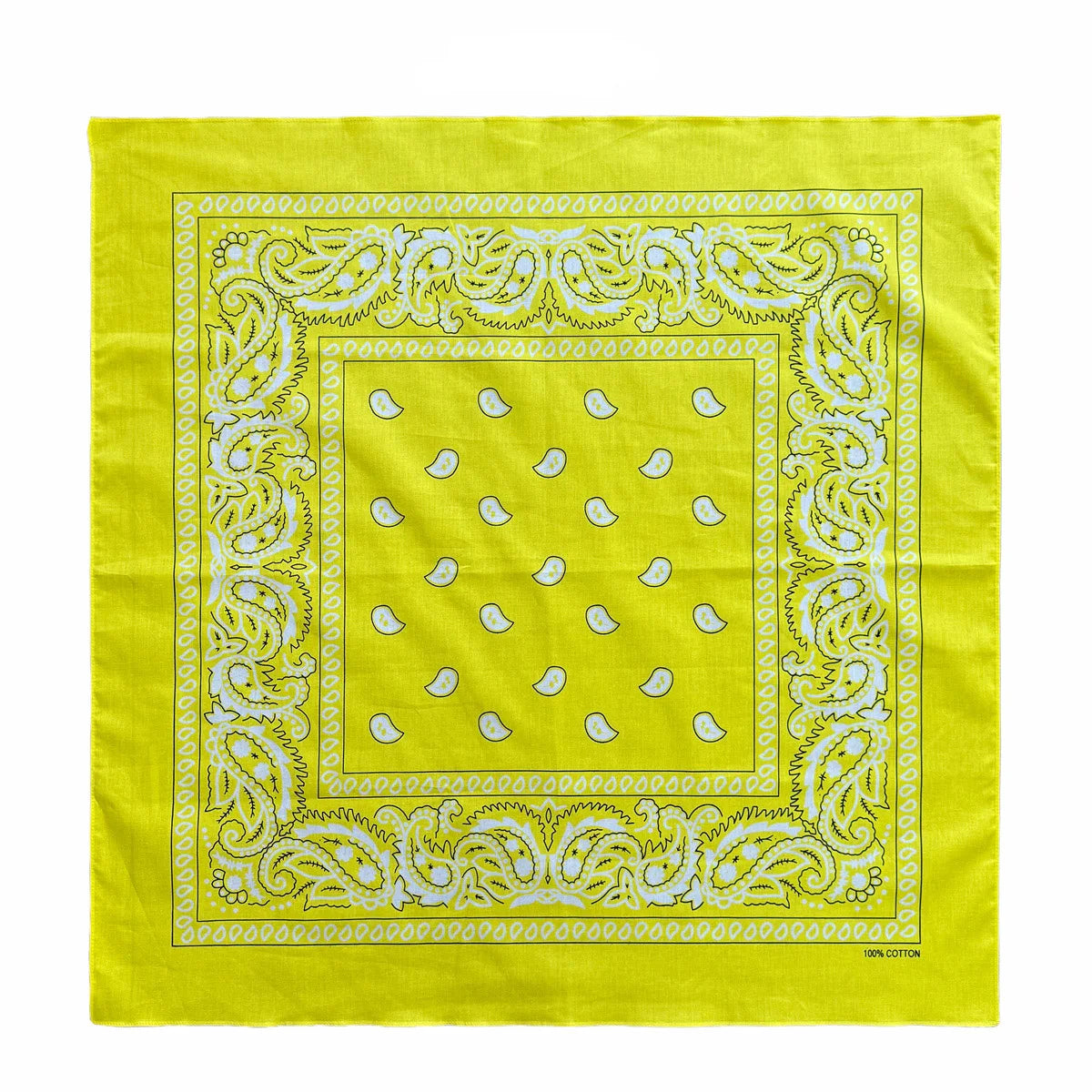 Yellow cotton bandana scarf with white paisley embroidery on a square fabric.
