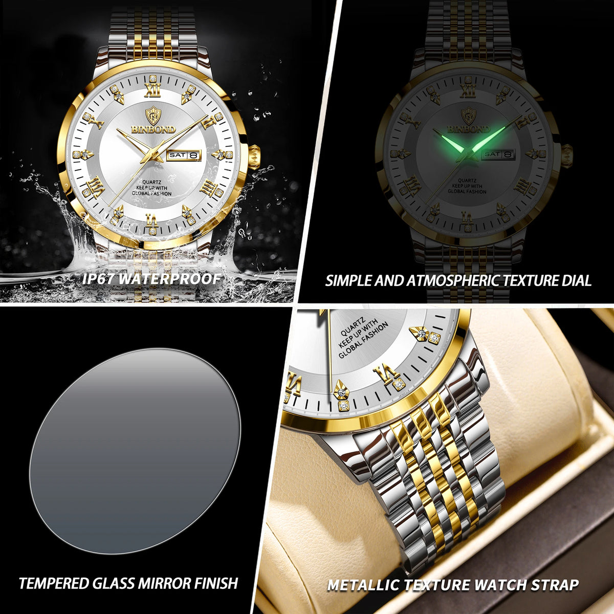A luxury quartz wristwatch for men featuring a silver and gold design with a textured dial and a tempered glass mirror finish