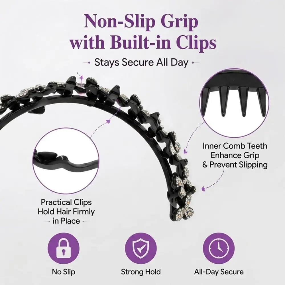 Black non-slip grip headband with built-in clips designed to hold hair firmly and prevent slipping