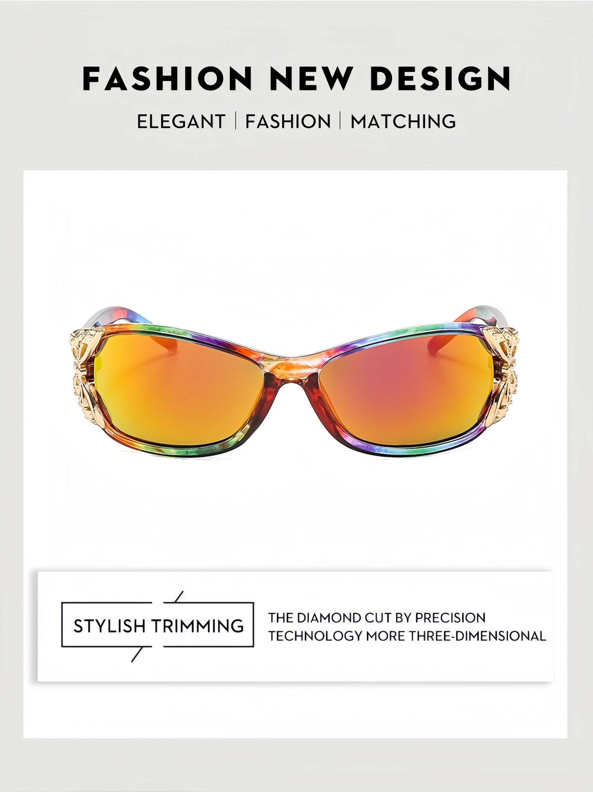 Orange und grün umwickelte Sonnenbrille mit goldener Zier und Schmetterlingsdetail
