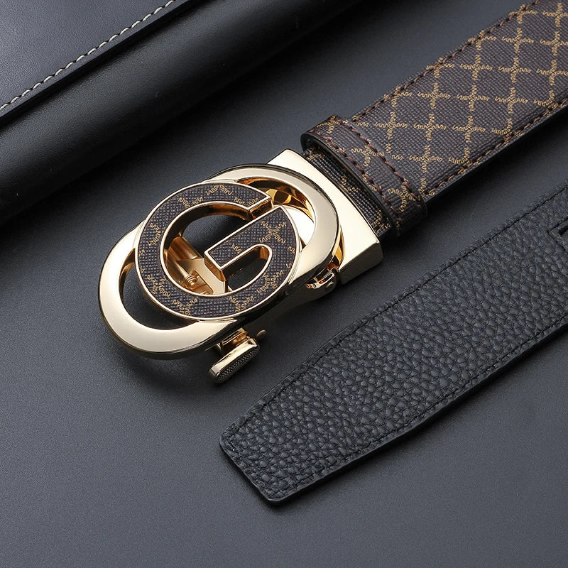 A close-up of a men's luxury faux leather plaid waist belt with a gold-toned buckle and black patterned strap.