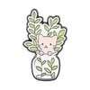 A cute pink cat nestled among green leaves, designed as an enamel flower brooch.