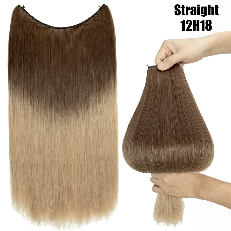 Straight 12H18 brown hair extensions shown in a bundle and being held by hands.