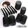 A set of 18 black self-gripping hair rollers for curling, including various sizes and a demonstration of use.