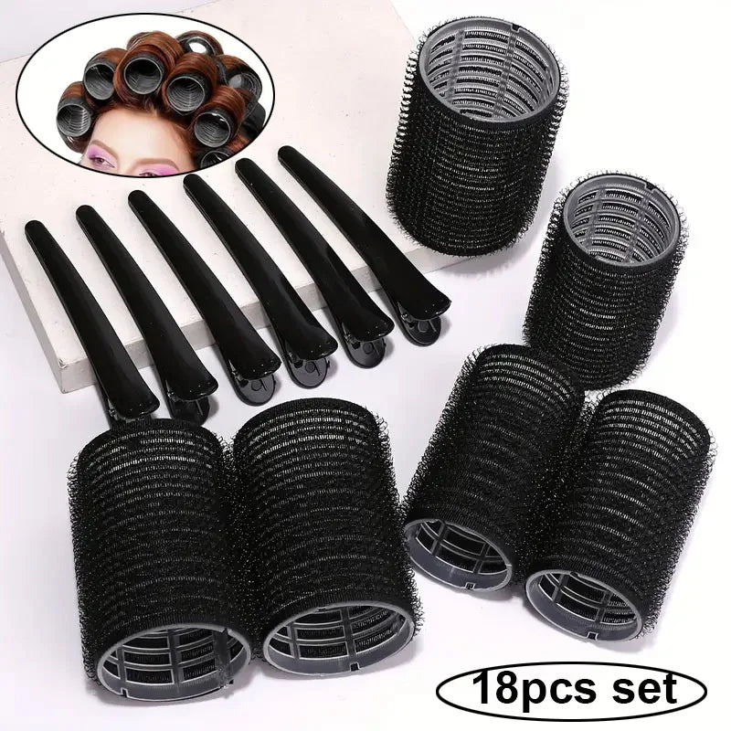 A set of 18 black self-gripping hair rollers for curling, including various sizes and a demonstration of use.