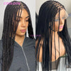 A close-up of a woman wearing a black cornrow braid wig with full lace, shown from the side.