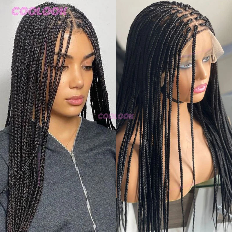 A close-up of a woman wearing a black cornrow braid wig with full lace, shown from the side.