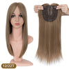 A straight brown hair topper with bangs shown on a mannequin head and as a separate hair piece.