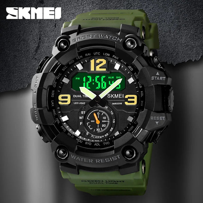 Montre de sport numérique verte avec cadran noir et affichage vert indiquant 12:56:43.