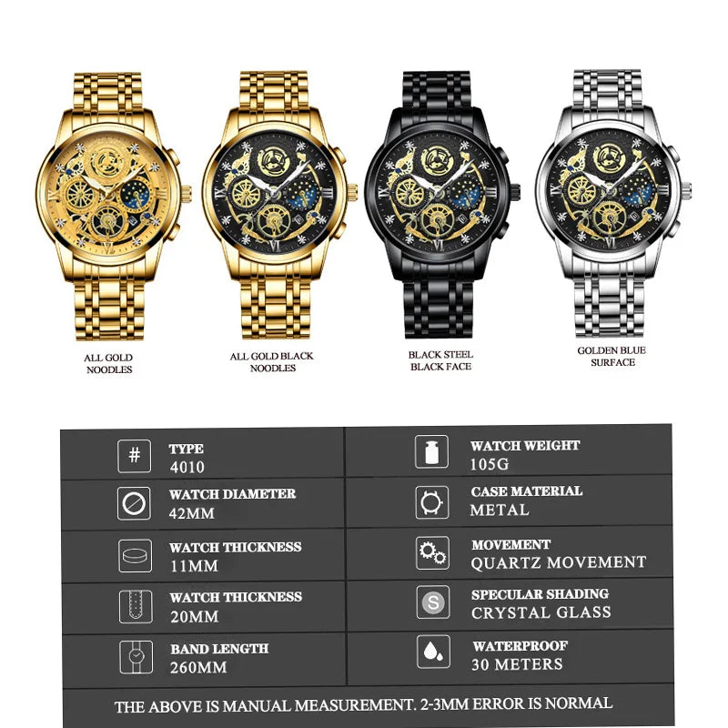 A collection of five stainless steel quartz wristwatches featuring gold, black, and silver finishes with luminous dials.