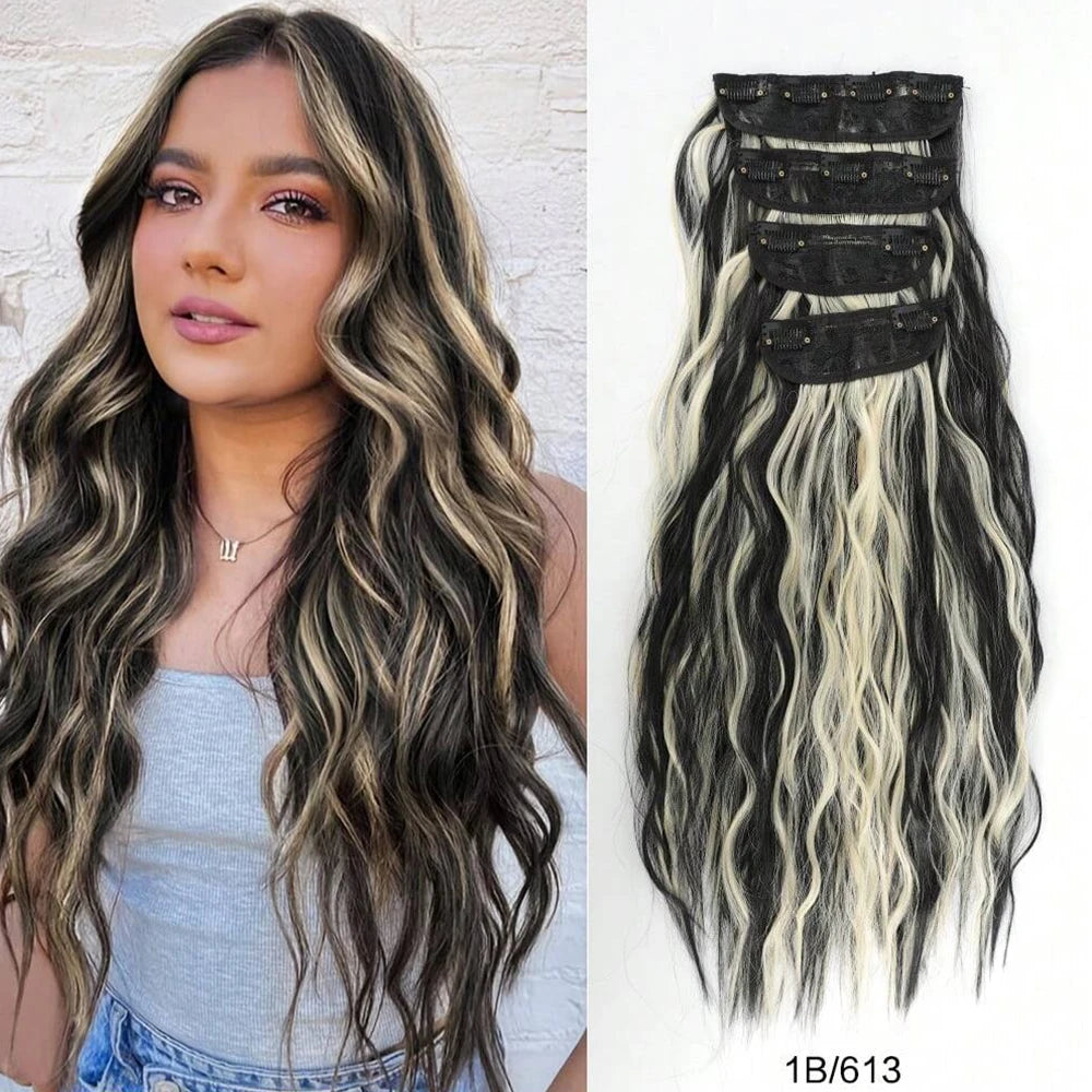 Extensiones de cabello ondulado largo y en espiral con reflejos marrón oscuro y rubio