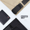 A black ratchet belt is shown with a tan leather pouch and a matching leather wallet.