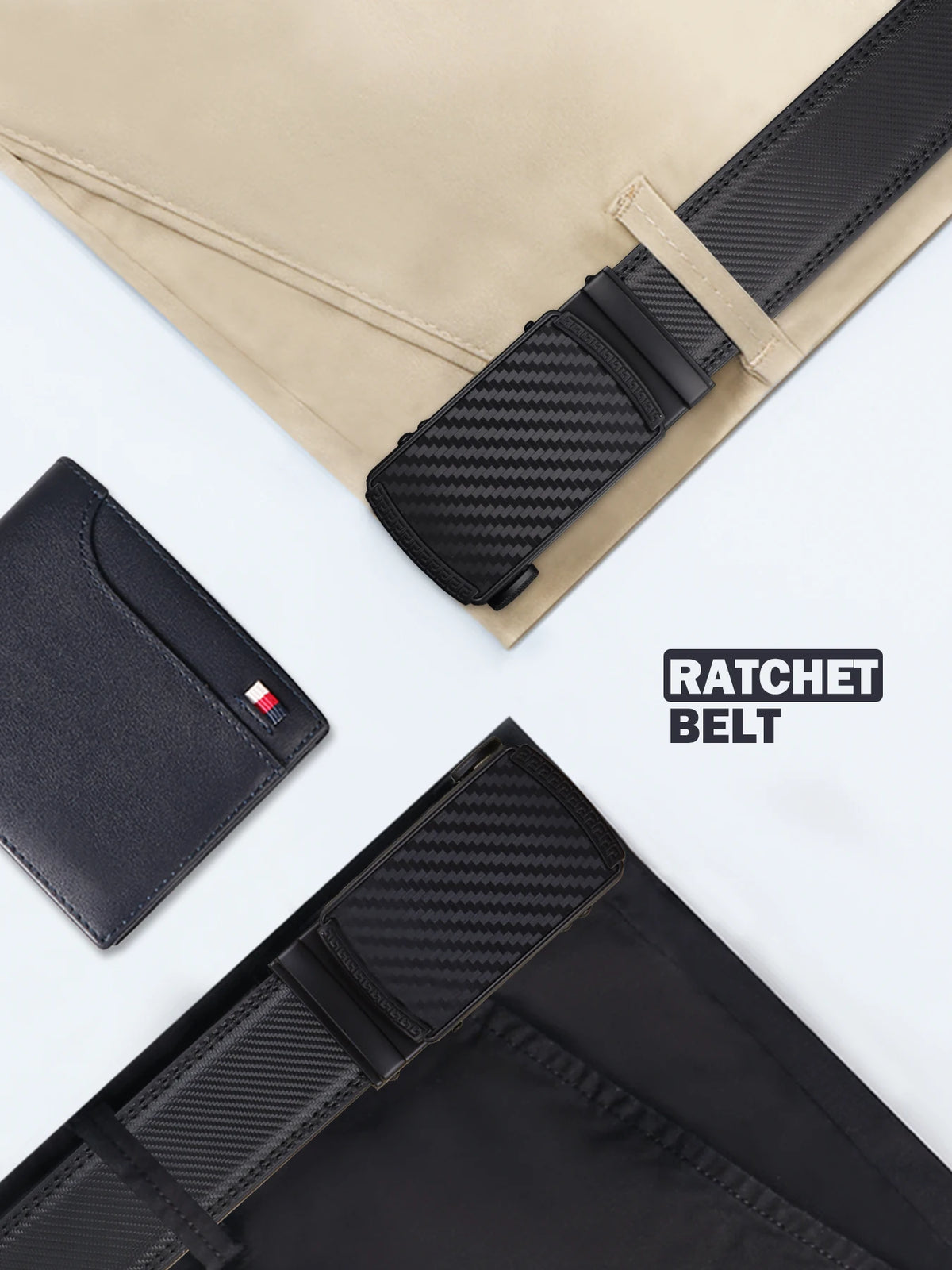 A black ratchet belt is shown with a tan leather pouch and a matching leather wallet.