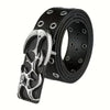 Black leather belt with a silver buckle and multiple holes for adjustment