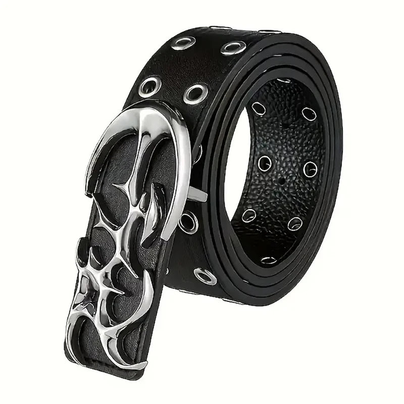 Black leather belt with a silver buckle and multiple holes for adjustment