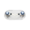 A clear plastic magnetic clip designed to hold eyeglasses, featuring two blue decorative elements.