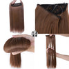 A set of 20-inch synthetic invisible wire hair extensions shown in various lengths and textures.