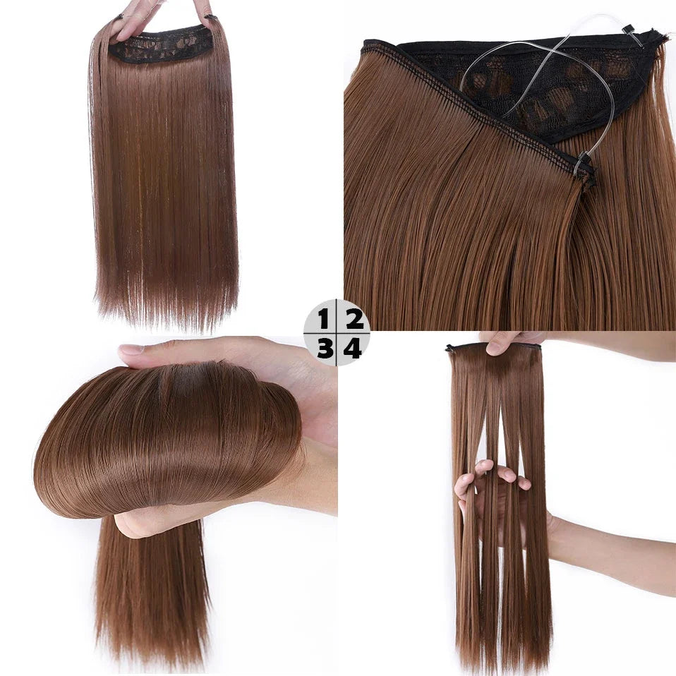 A set of 20-inch synthetic invisible wire hair extensions shown in various lengths and textures.